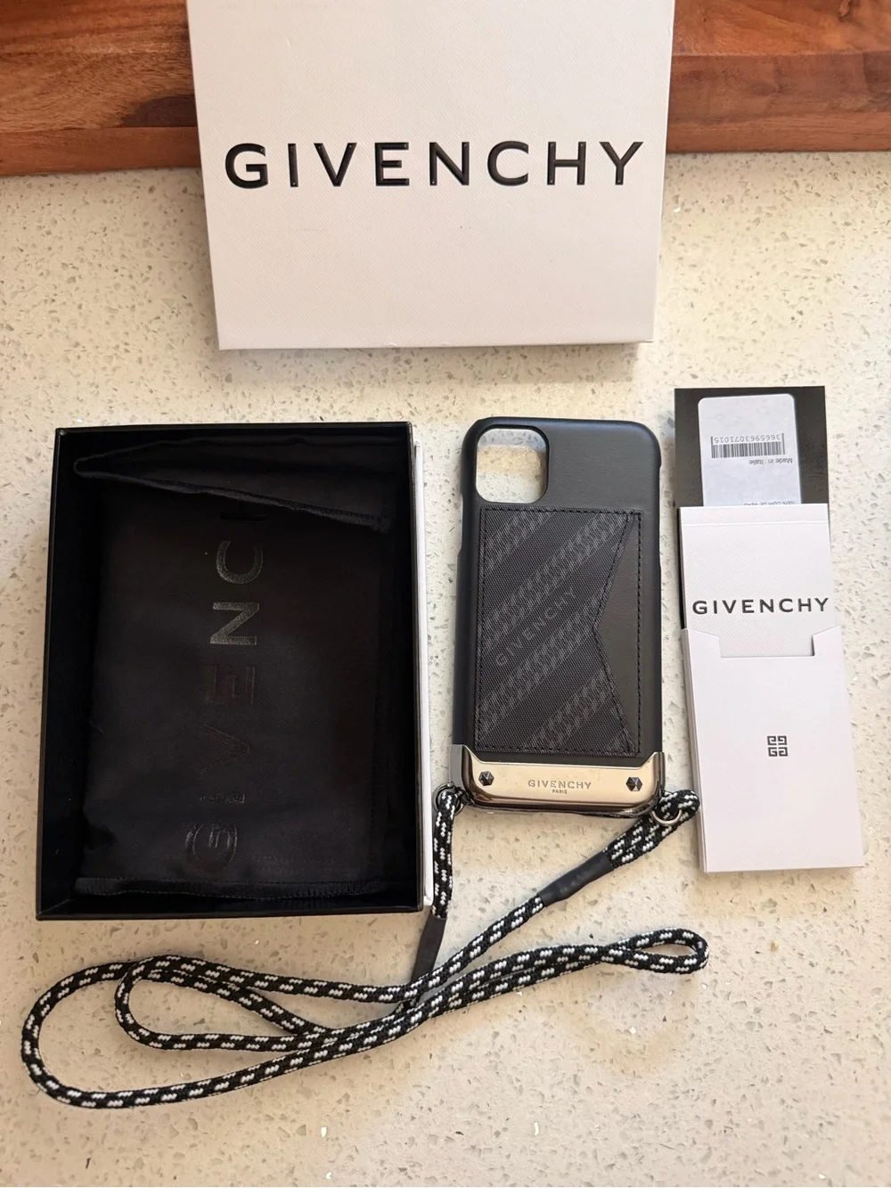 NWT Givenchy Black Leather Card Pocket Phone Case with Black-White Lanyard
